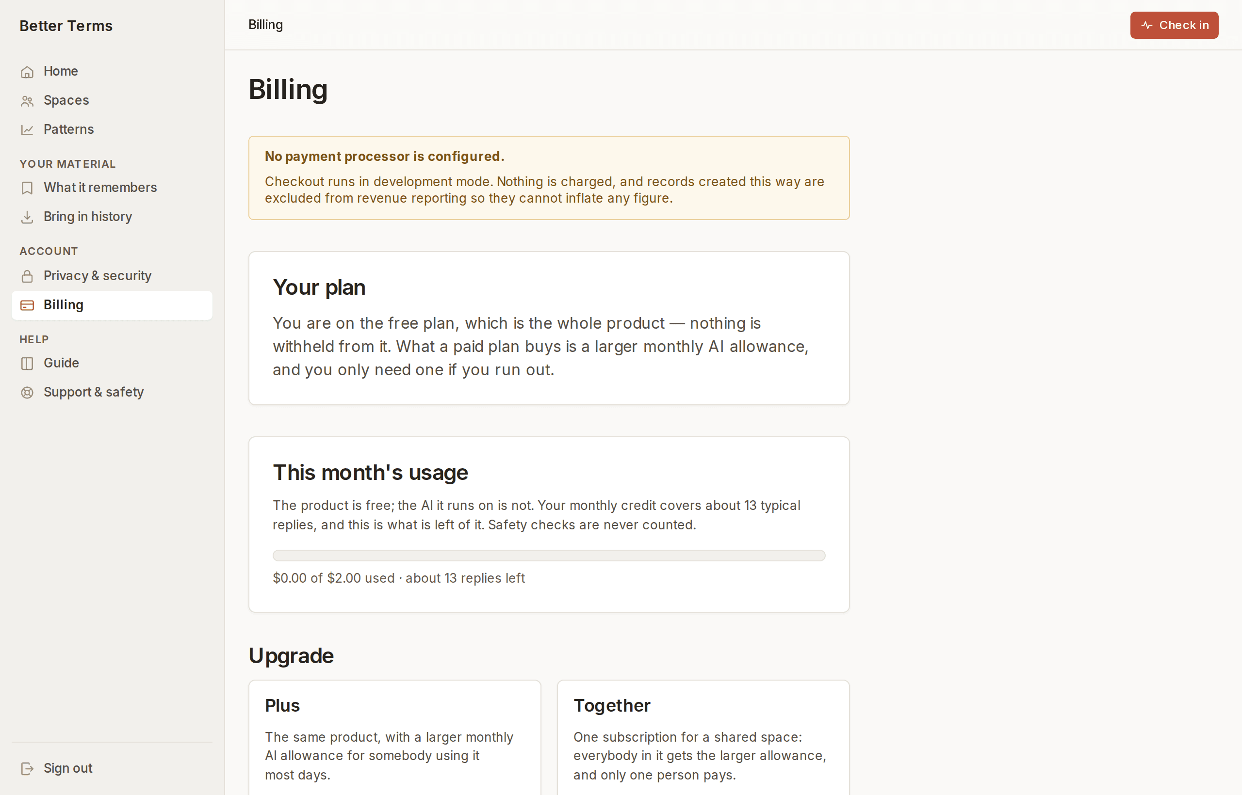 A billing screen showing the monthly AI credit as a bar, how much has been used, and roughly how many replies are left.