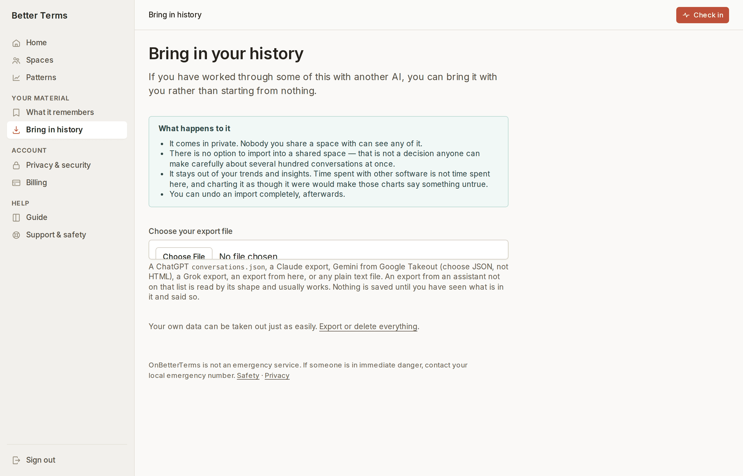 The import screen explaining that imported material arrives private and cannot be imported into a shared space.