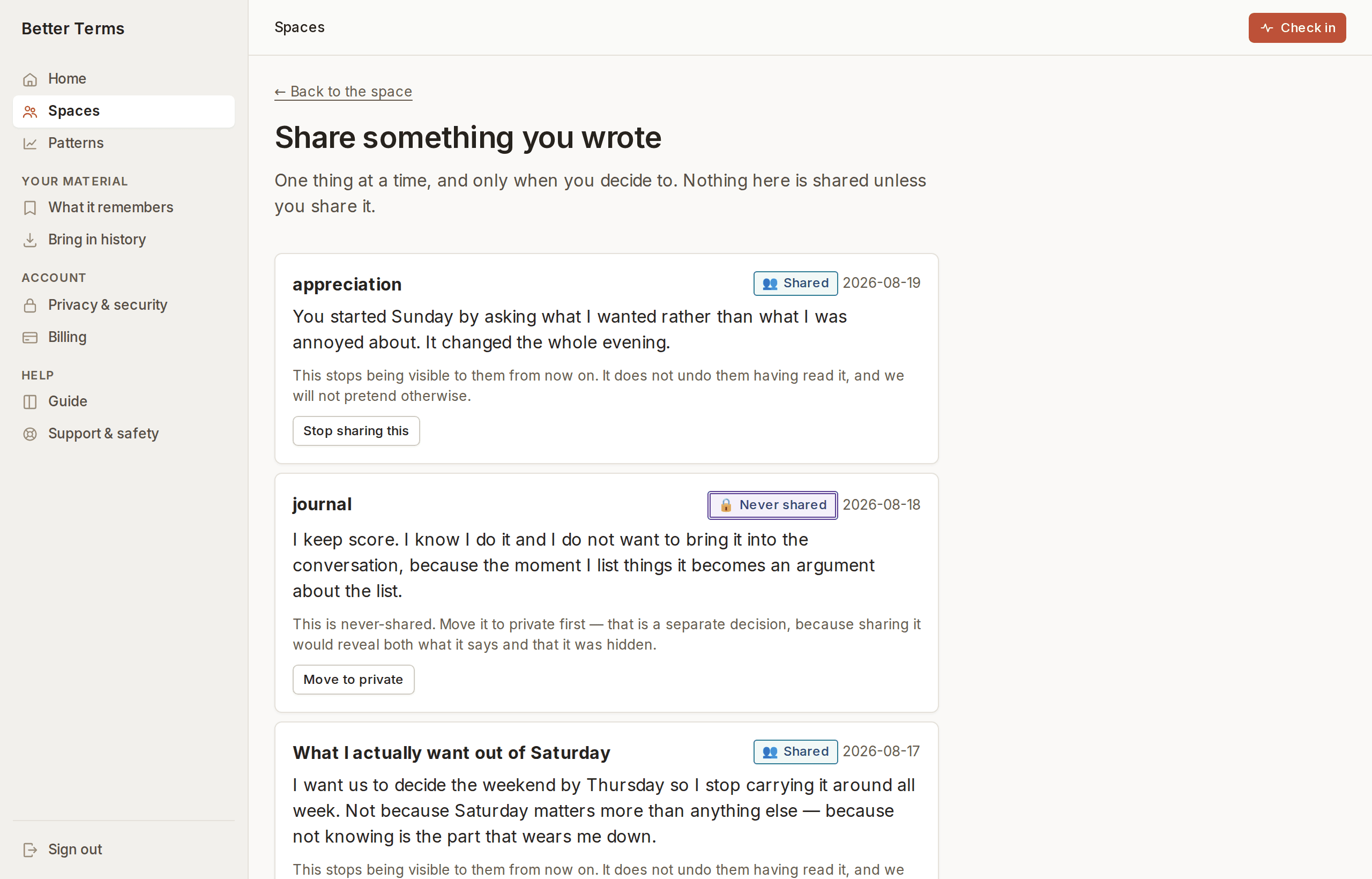 A sharing screen listing entries with their privacy badges, where one item at a time can be shared.