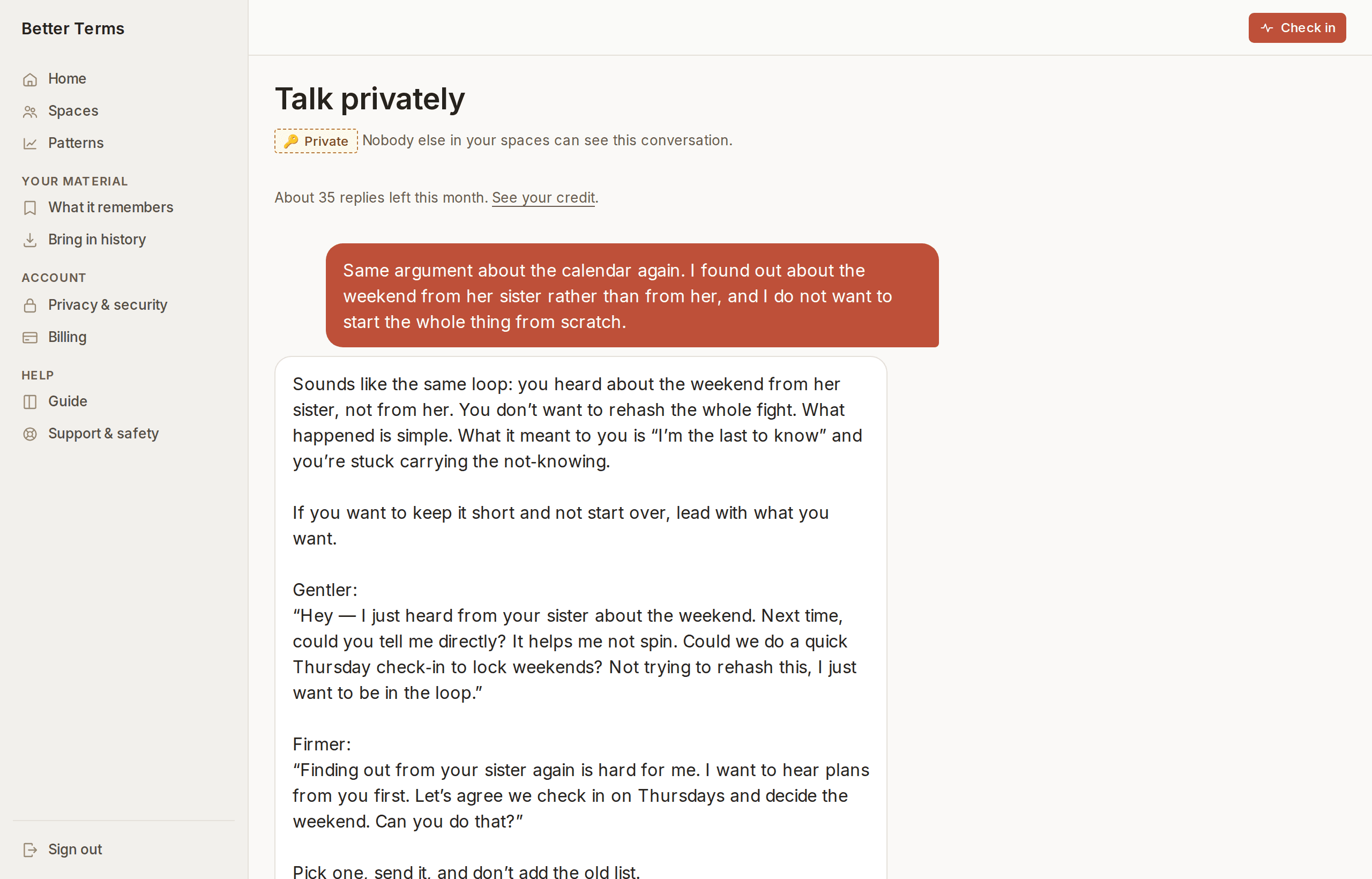 A private conversation with the guide: the person describes finding out about a weekend from someone else, and the reply separates what happened from what it felt like, then offers two short things they could actually say.