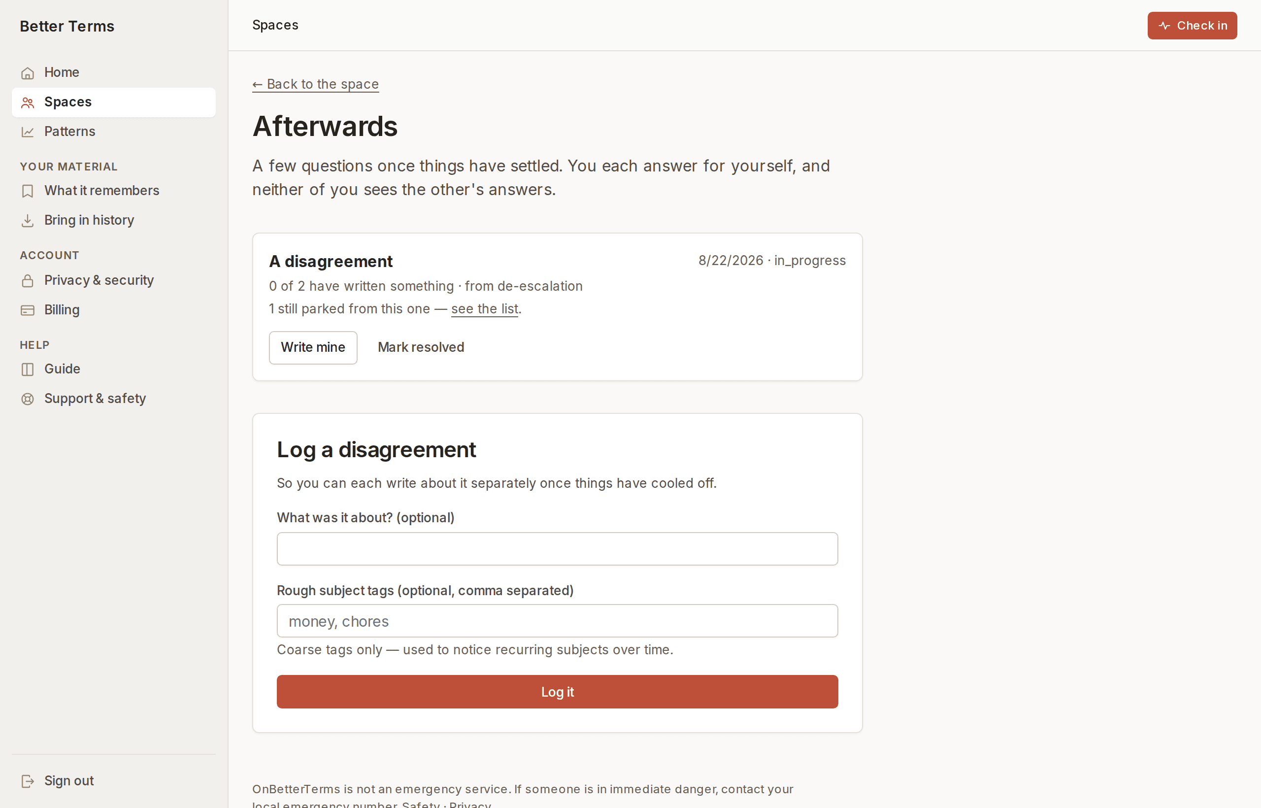 A debrief screen headed “Afterwards”, saying each person answers for themselves and neither sees the other's answers.