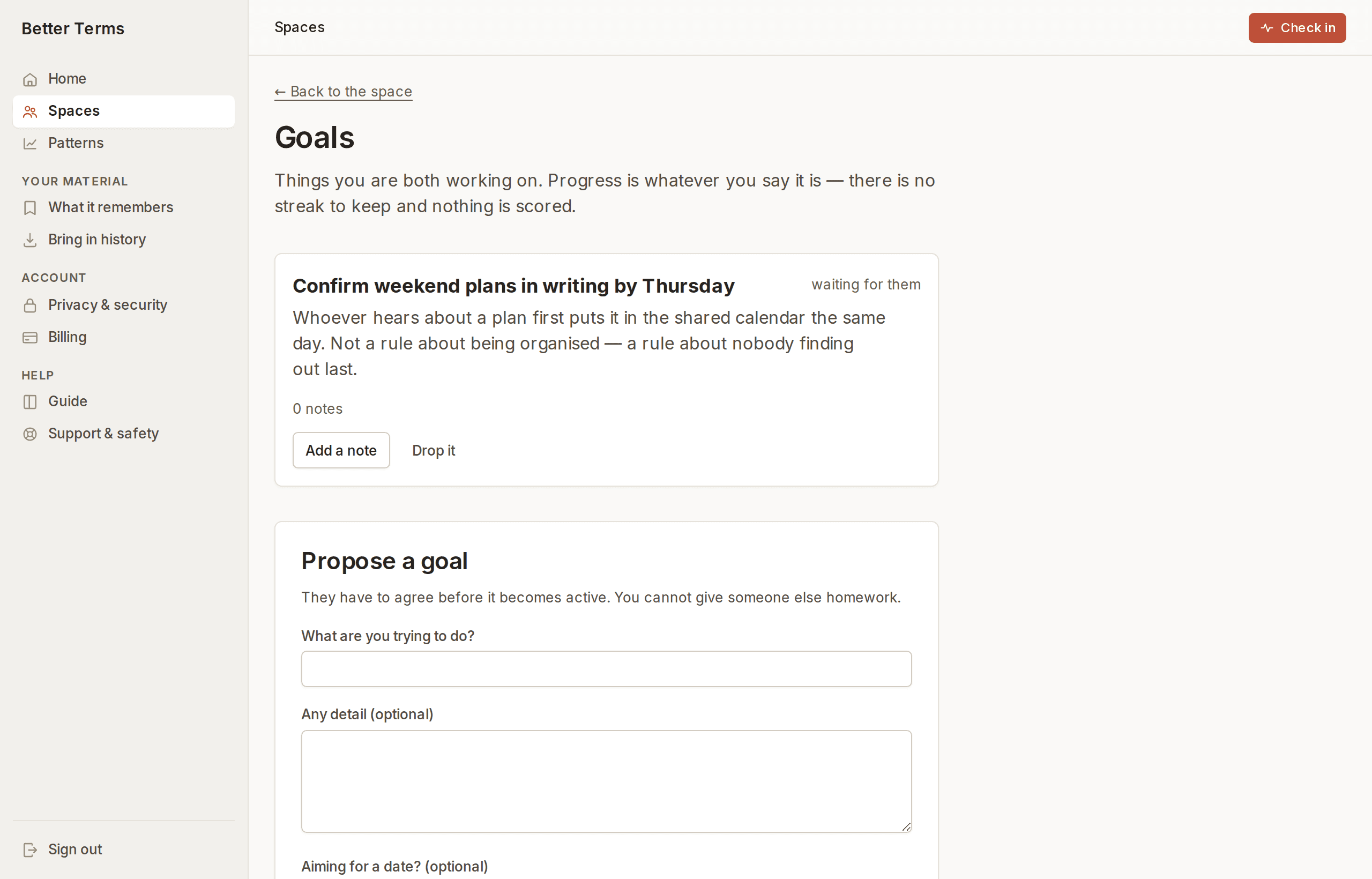 A goals screen listing an agreement with an owner and a status of “waiting for them”, and a note that progress is whatever you say it is with nothing scored.