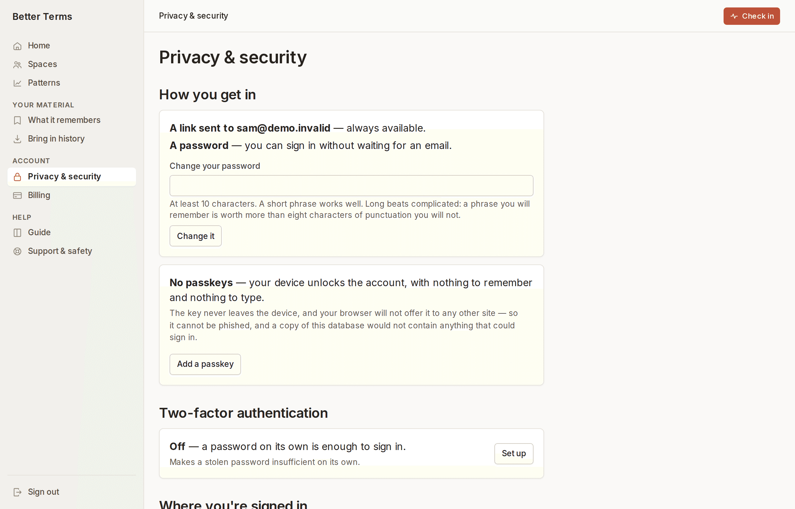 A privacy and security screen listing sign-in methods, password settings and account controls.